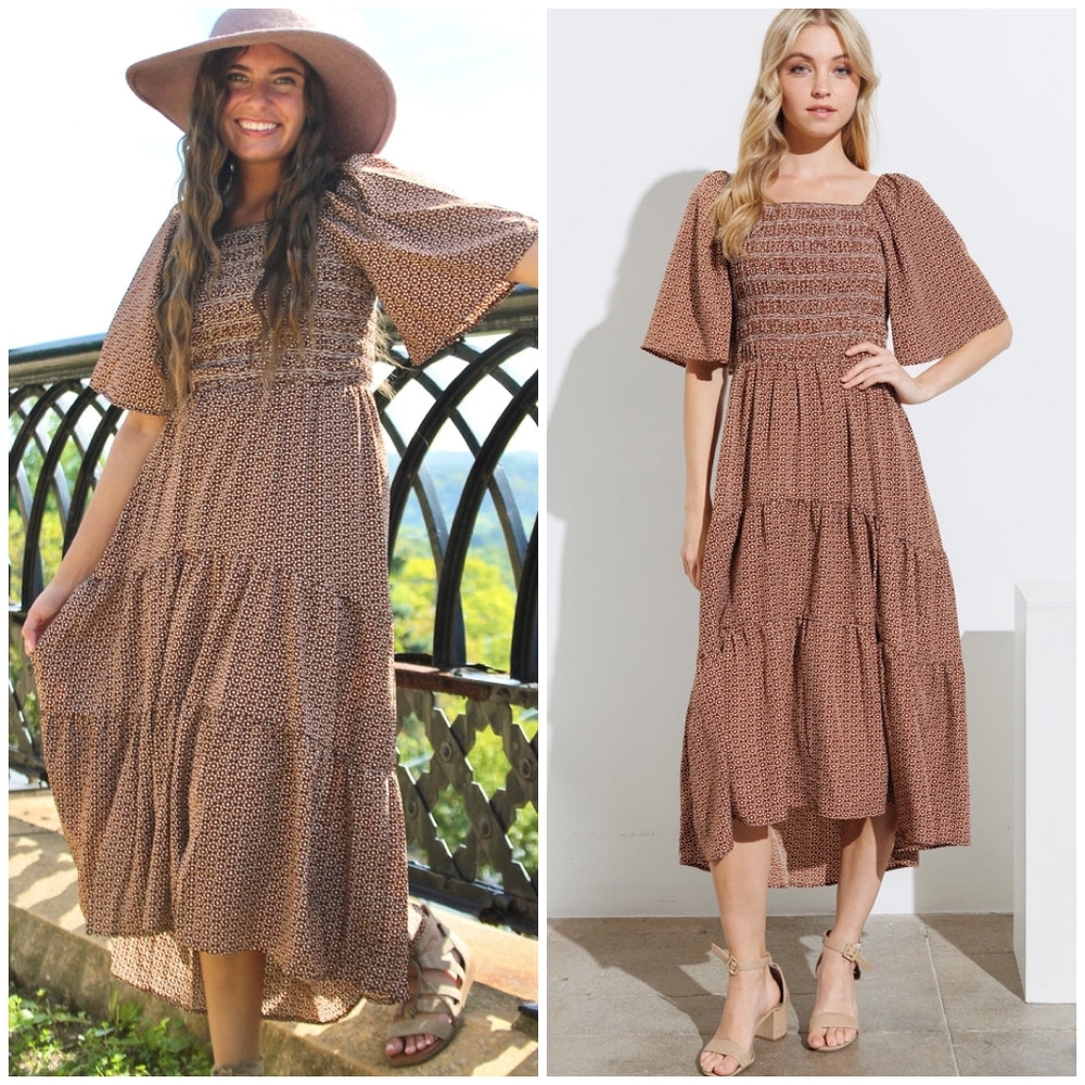 LAST ONE ! POLAGRAM Chic Rusted Brown Short Bell Sleeves Maxi Dress - Picture 3 of 6